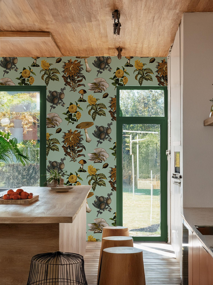 Shrooms Wallpaper, mint and mustard - Tampa Home & Garden Store