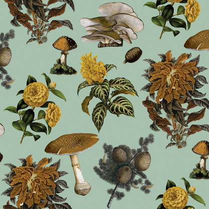 Shrooms Wallpaper, mint and mustard - Tampa Home & Garden Store