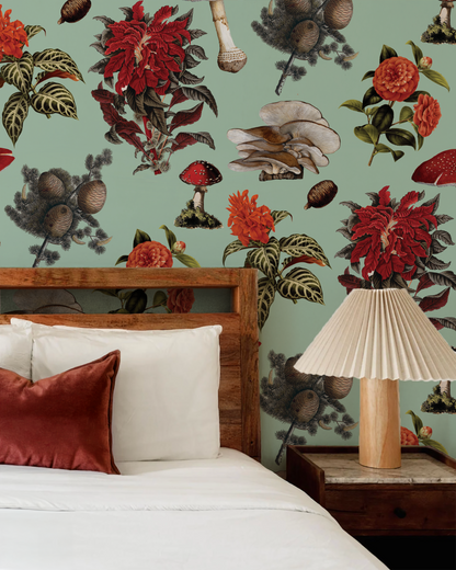 Shrooms Wallpaper, mint and red - Tampa Home & Garden Store