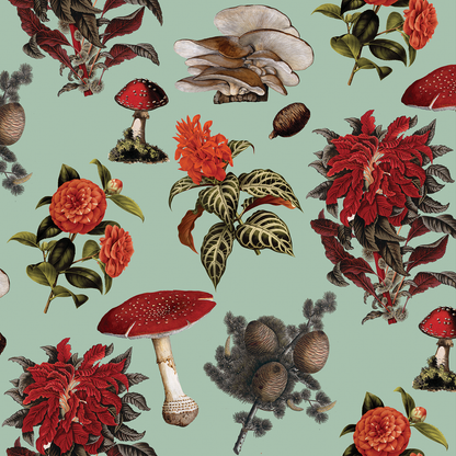 Shrooms Wallpaper, mint and red - Tampa Home & Garden Store