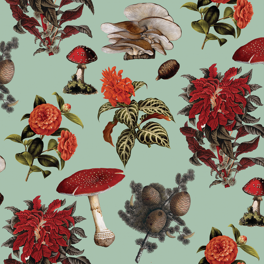 Shrooms Wallpaper, mint and red - Tampa Home & Garden Store