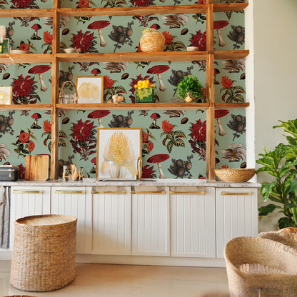 Shrooms Wallpaper, mint and red - Tampa Home & Garden Store
