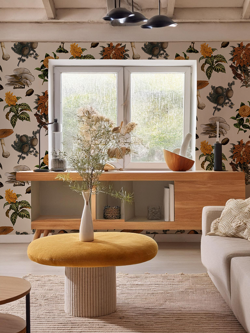 Shrooms Wallpaper, off-white and marigold - Tampa Home & Garden Store