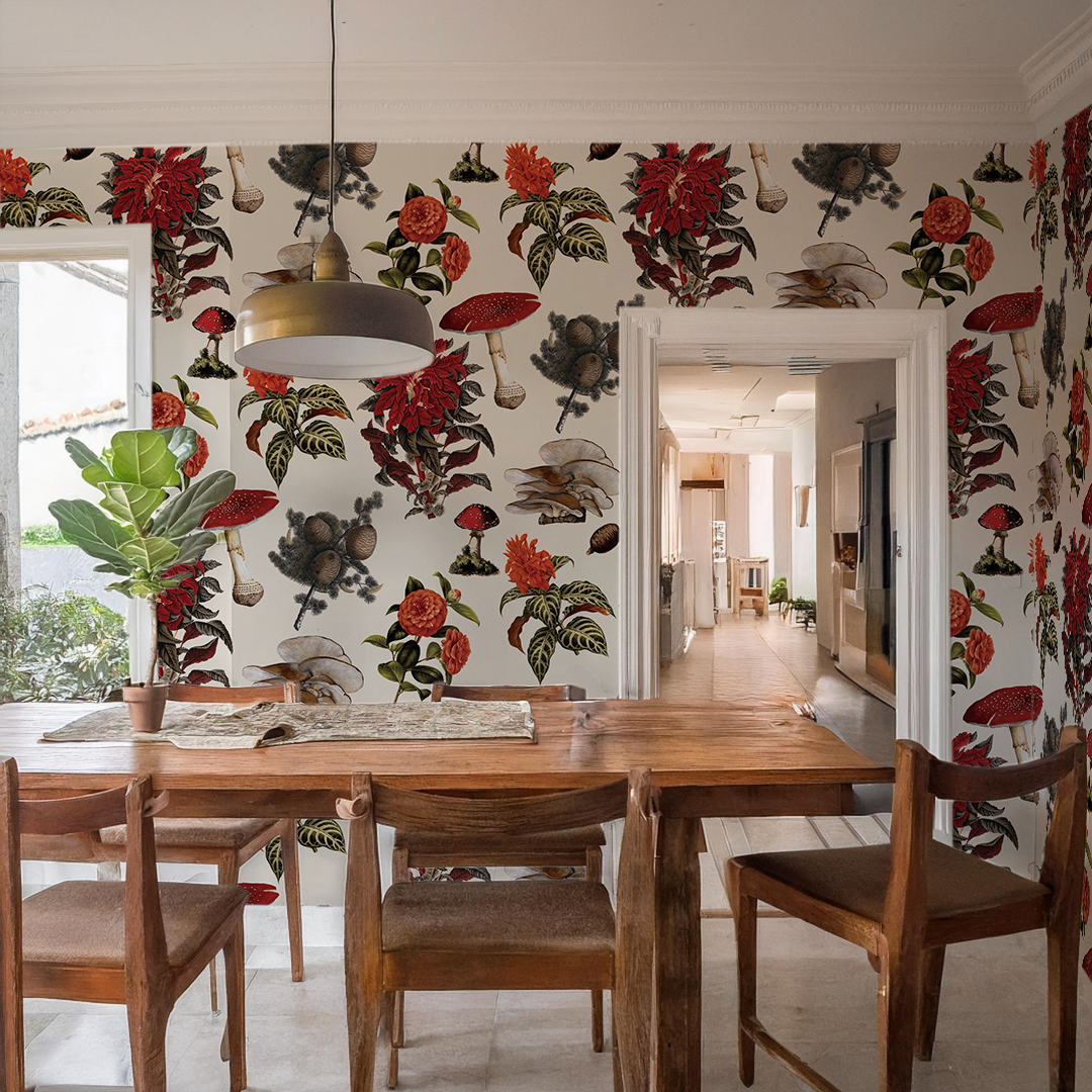 Shrooms Wallpaper, off-white and red - Tampa Home & Garden Store