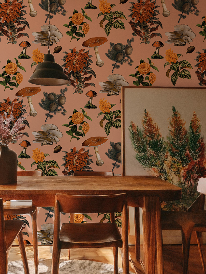 Shrooms Wallpaper, peach and marigold - Tampa Home & Garden Store