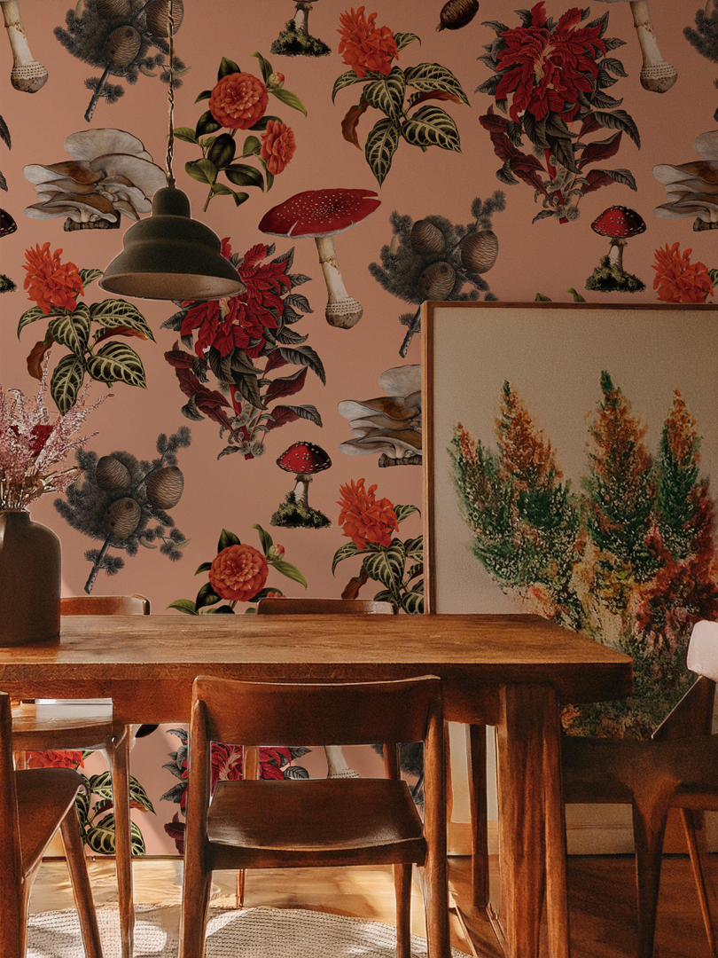 Shrooms Wallpaper, peach and red - Tampa Home & Garden Store
