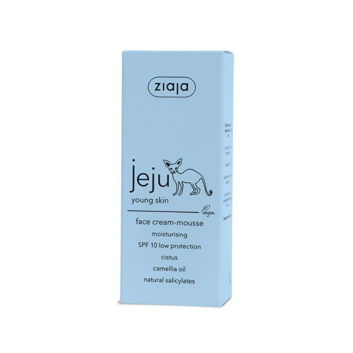 Face cream-mousse Ziaja Jeju, light blue box with vegan SPF10 moisturiser for acne-prone skin on Tampa Home & Garden Store