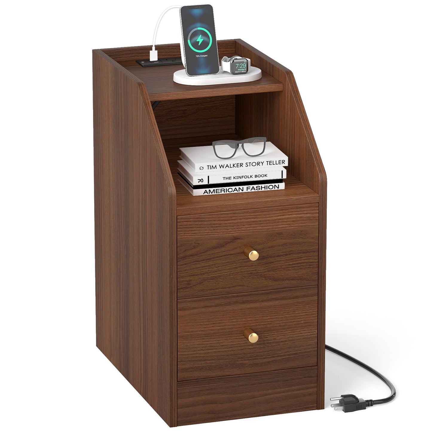 Side End Table with Charging Station Sofa Couch Table with Shelf Drawers
