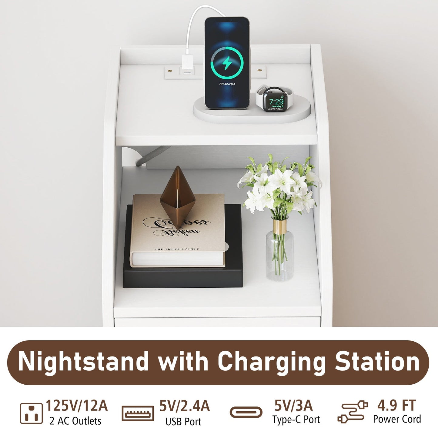 Side End Table with Charging Station Sofa Couch Table with Shelf Drawers