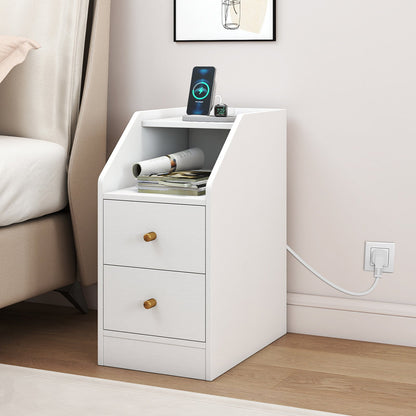 Side End Table with Charging Station Sofa Couch Table with Shelf Drawers