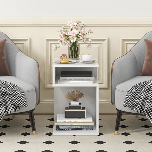 S-Shaped Side Table with Unique S-shaped Frame and 2 Open Compartments-White - Tampa Home & Garden Store