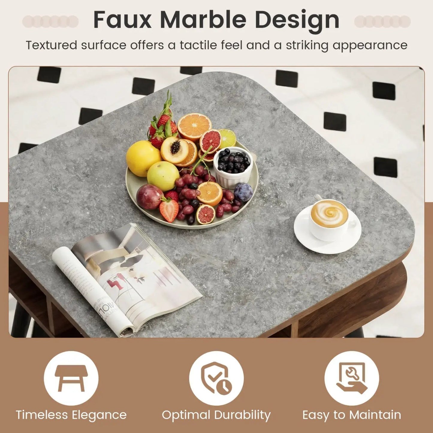 Faux Marble Side Table with Storage Shelves