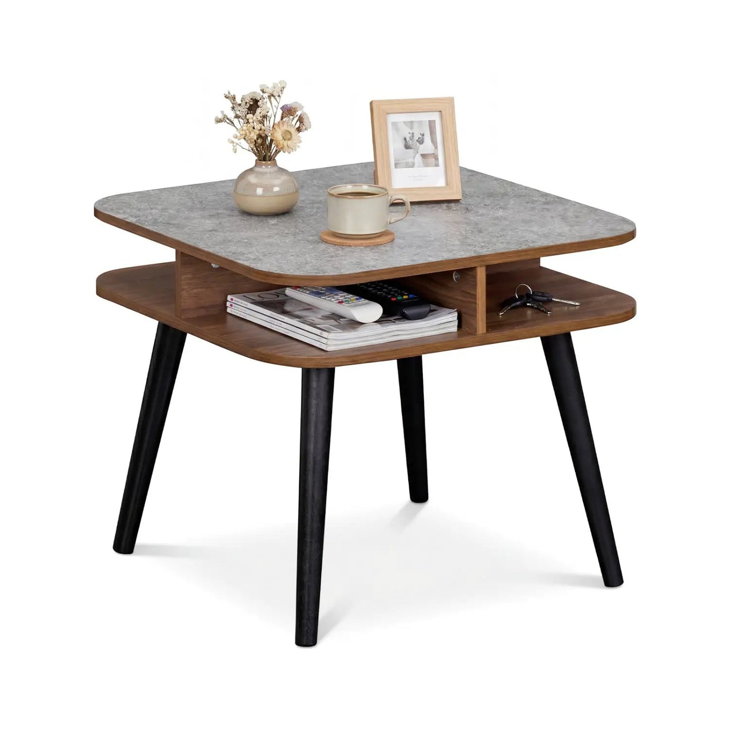 Faux Marble Side Table with Storage Shelves