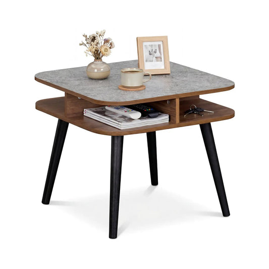End table with faux marble top, storage shelves, and rubber wood legs by DirectDeals on Tampa Home & Garden Store
