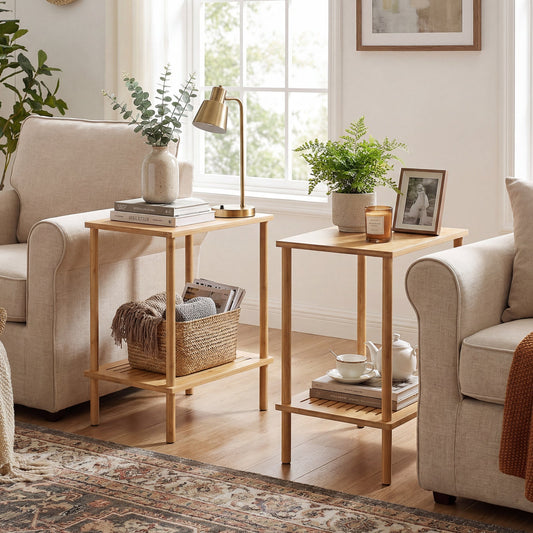 Side Table Set of 2 2-Tier Bamboo End Table with Storage Shelves Rectangular Tea Sofa Table-Natural - Tampa Home & Garden Store