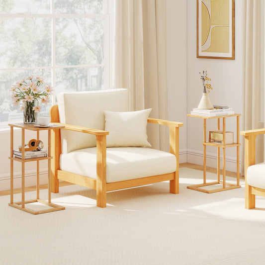 Side Table Set of 2 with Storage Shelves and Bamboo Construction-Natural - Tampa Home & Garden Store