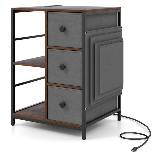 Side Table with Charging Station Industrial Nightstand with Open Shelves-Rustic Brown - Tampa Home & Garden Store