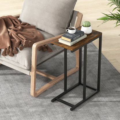 C-shaped Side Table with Heavy-duty Metal Frame-Rustic Brown
