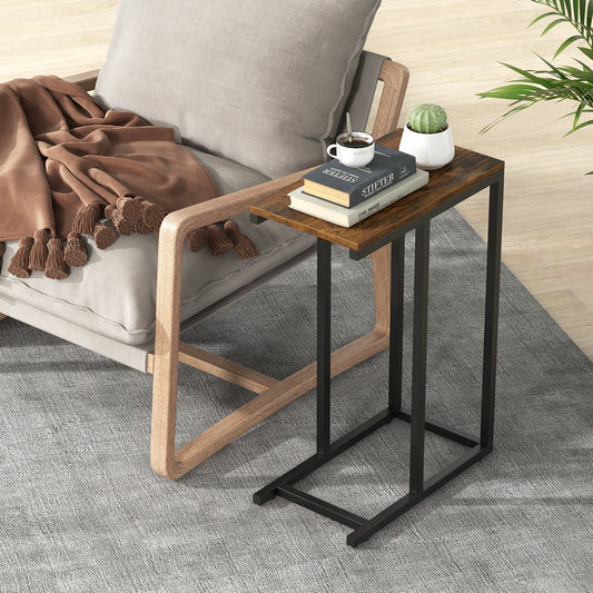 C-shaped Side Table with Heavy-duty Metal Frame-Rustic Brown - Tampa Home & Garden Store