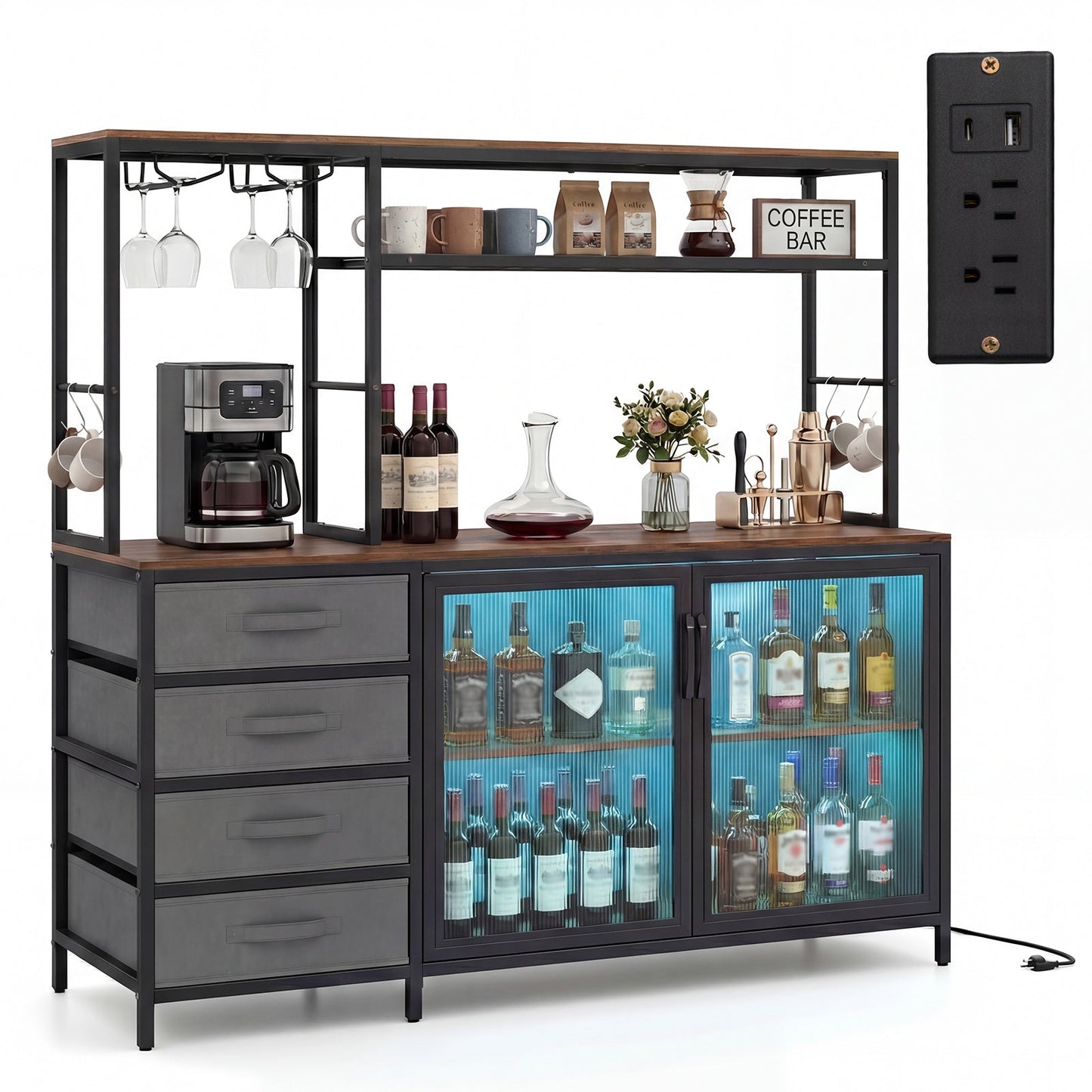 Sideboard Buffet Cabinet with LED Lights 55 inch Coffee Table with Power Outlets