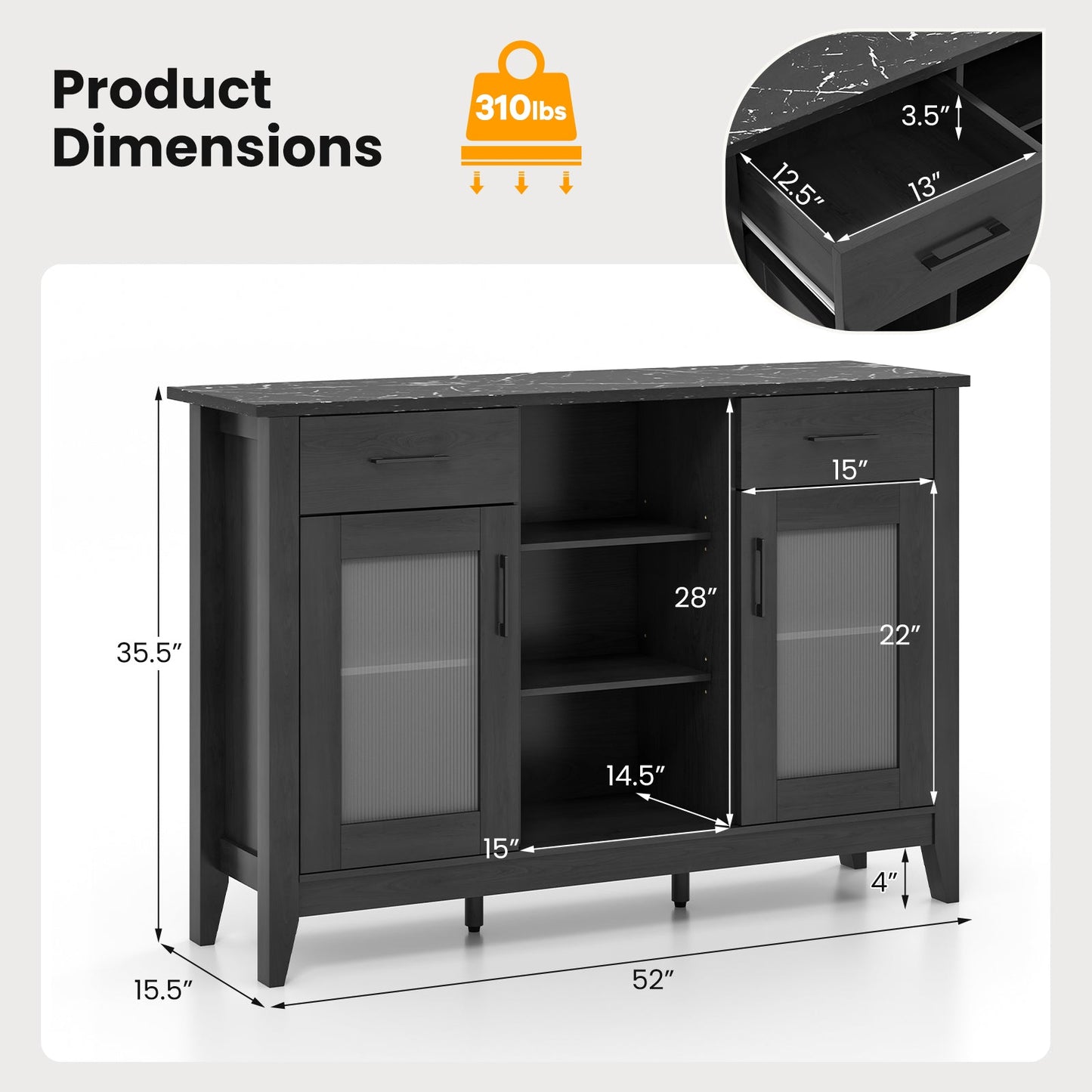 Sideboard Buffet Cabinet with 2 Drawers and 4 Adjustable Shelves-Black