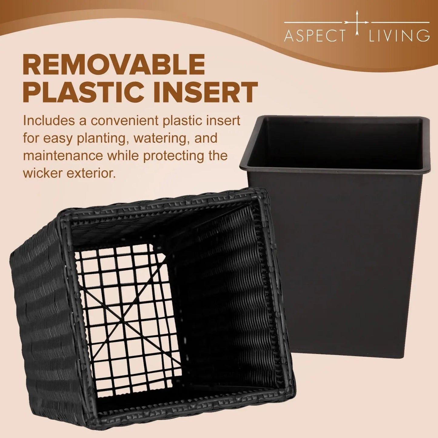 Black Sierra square wicker 2-piece planter set with removable insert includes planter and basket on Tampa Home & Garden Store
