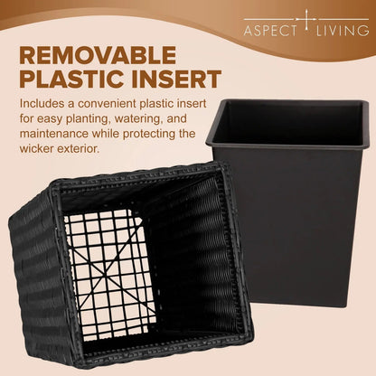 Black Sierra square wicker 2-piece planter set with removable insert includes planter and basket on Tampa Home & Garden Store