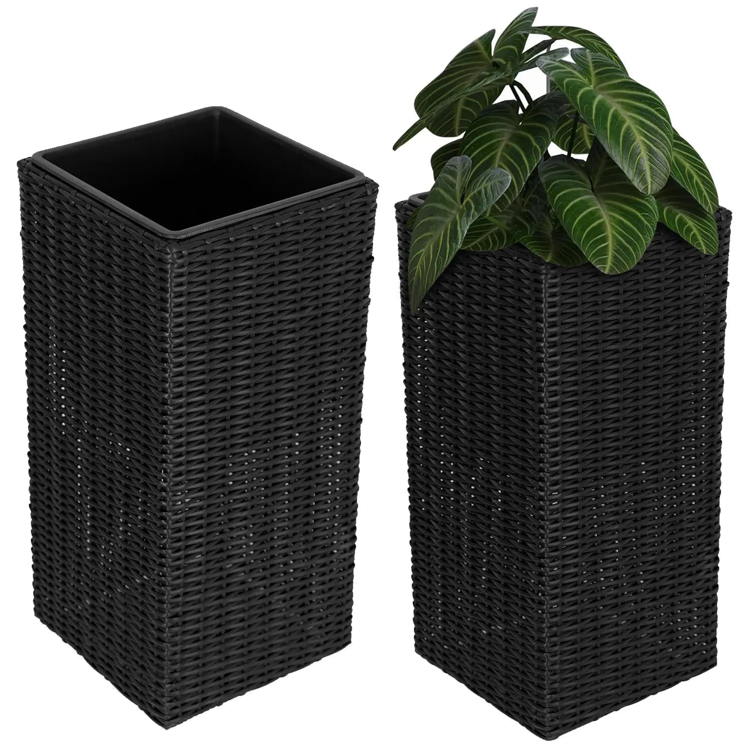 Sierra Square Wicker Planter 2-Piece Set in Black; two square planters, one with a green plant on Tampa Home & Garden Store