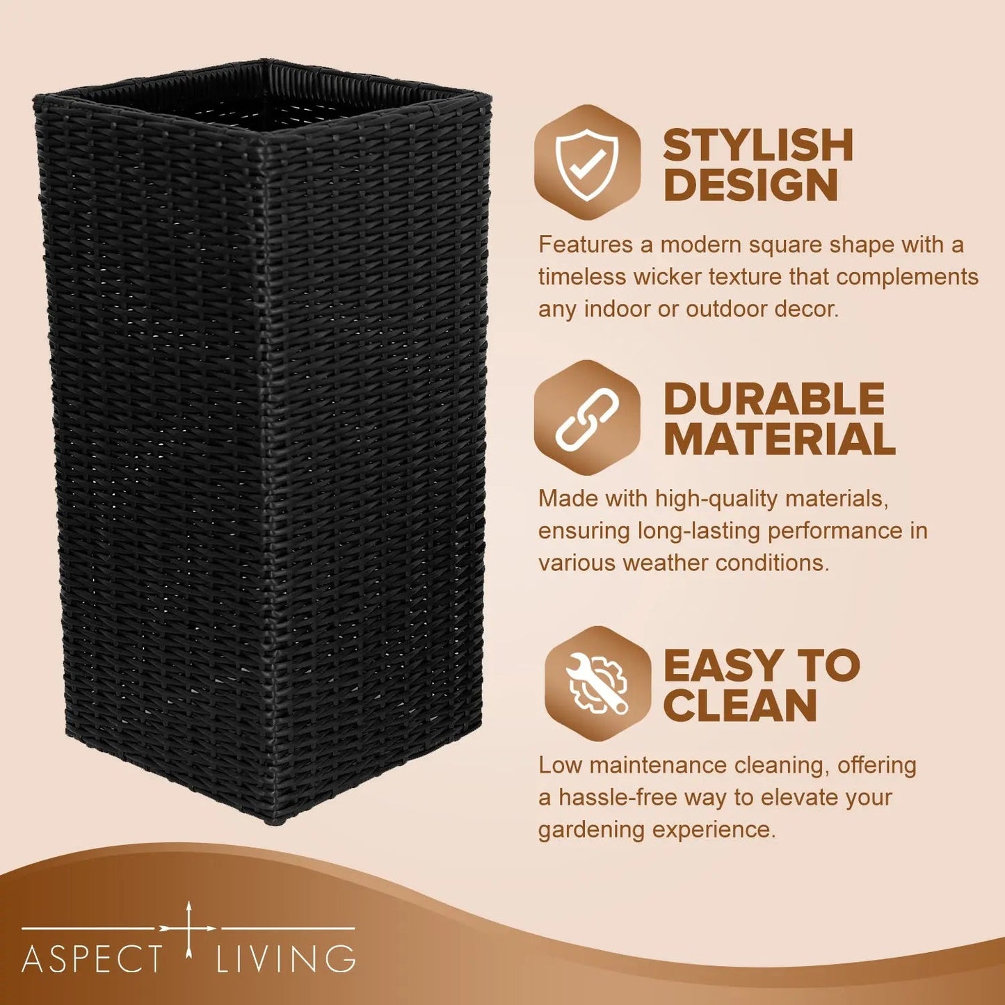 Sierra Square Wicker Planter 2-piece Set in Black, square woven planters for outdoor use on Tampa Home & Garden Store