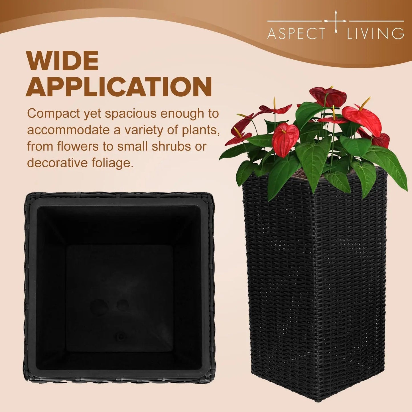 Sierra Square Wicker Planter 2-piece Set in Black, black woven square planters with greenery on Tampa Home & Garden Store