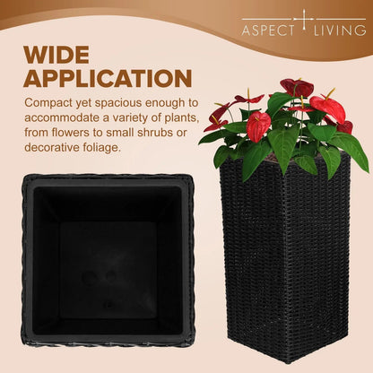 Sierra Square Wicker Planter 2-piece Set in Black, black woven square planters with greenery on Tampa Home & Garden Store