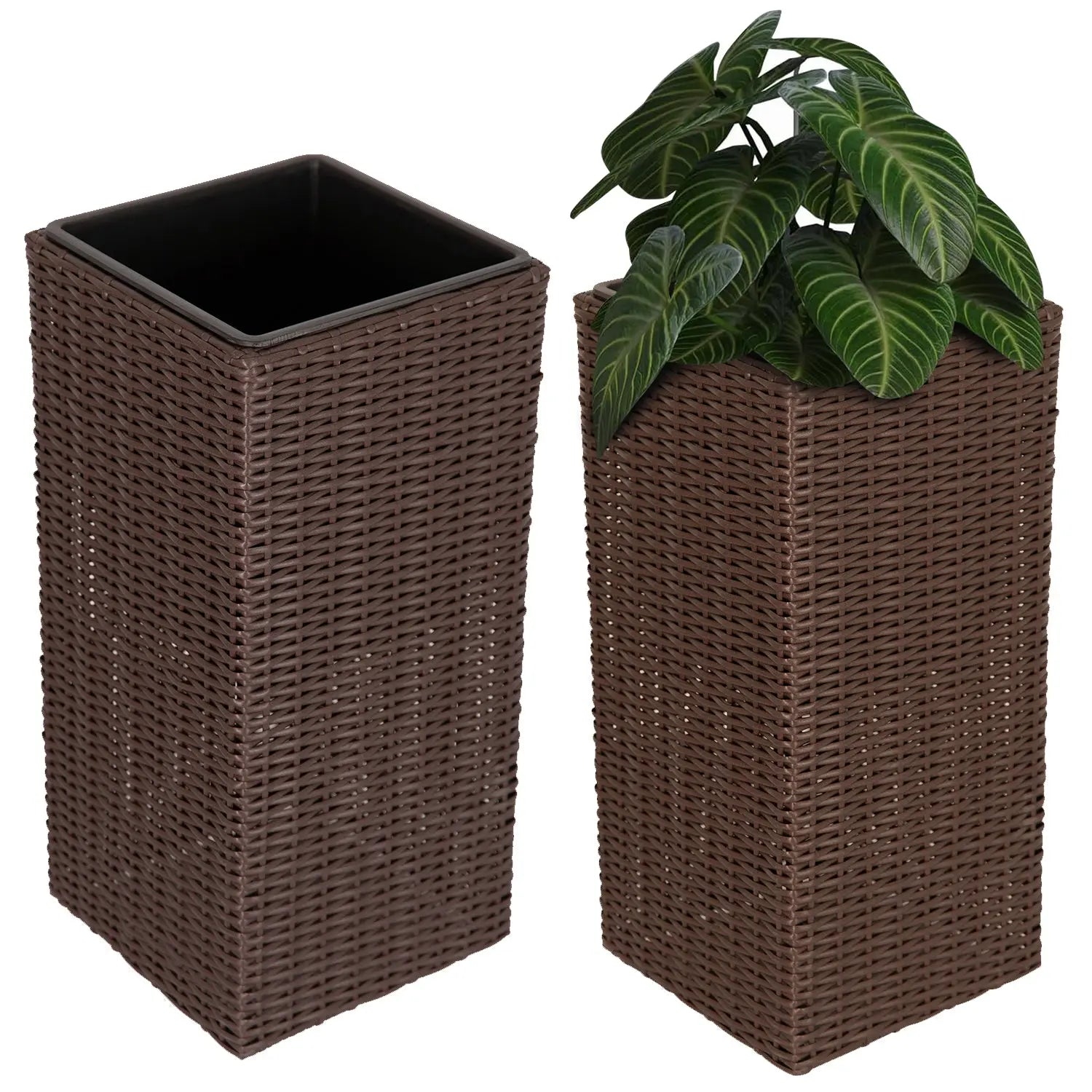 Sierra Square Wicker Planter 2-piece Set, brown planters, Fire Sense/Balkene Home, one with plant on Tampa Home & Garden Store