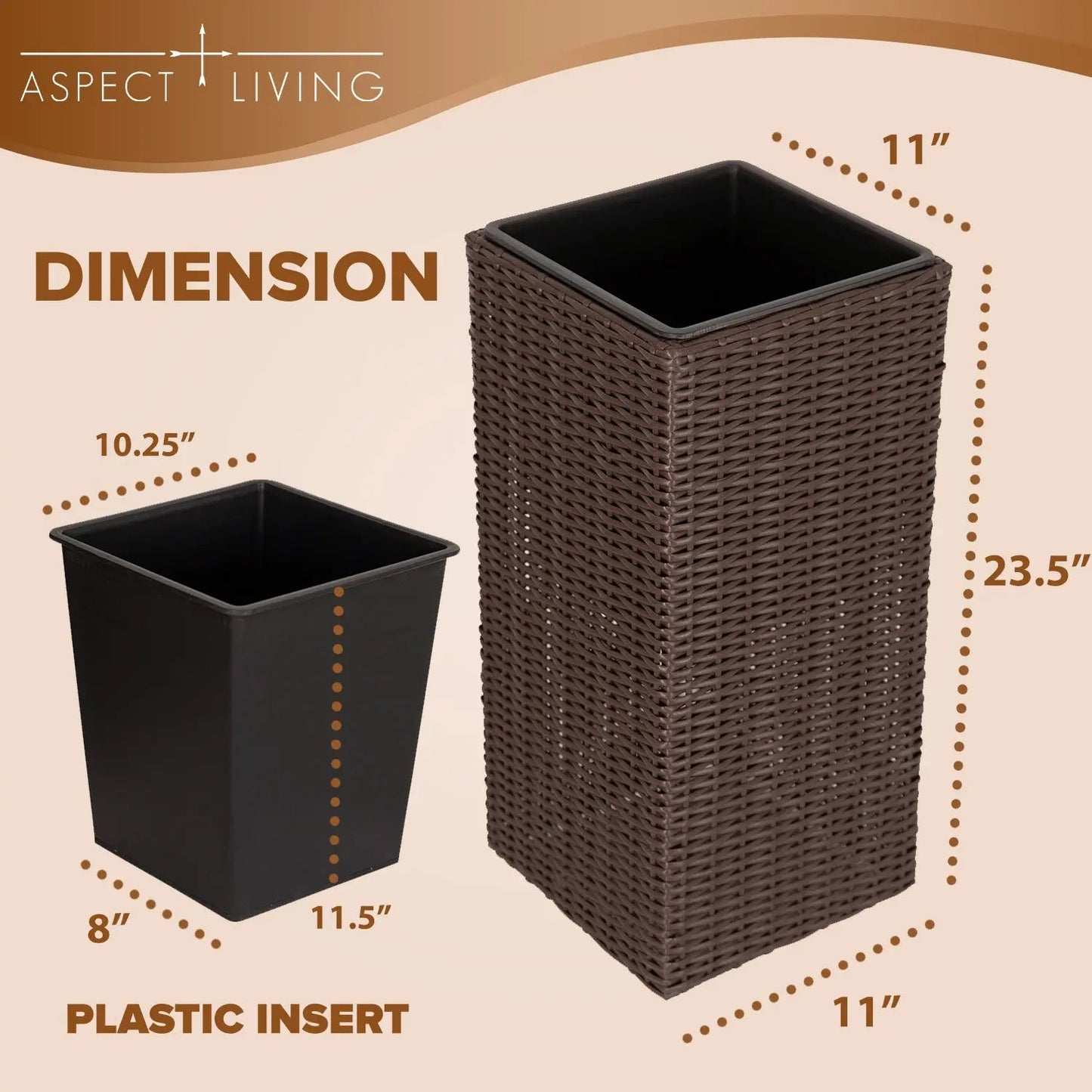 Sierra Square Wicker Planter 2-piece set brown with plastic insert; 23.5in wicker planter on Tampa Home & Garden Store