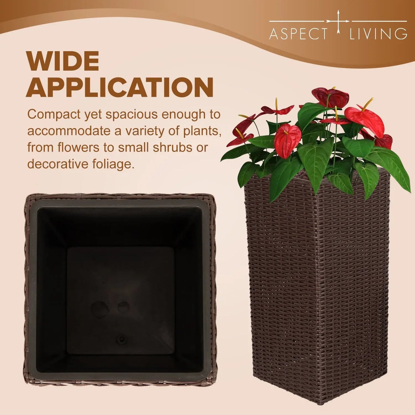 Sierra Square Wicker Planter 2-piece Set in Brown woven square planters with red anthurium on Tampa Home & Garden Store