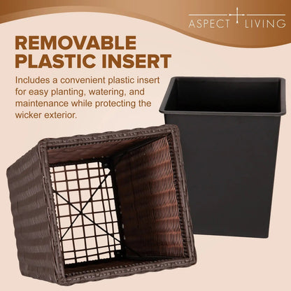 Sierra Square Wicker Planter 2-piece brown with removable plastic insert and black planter on Tampa Home & Garden Store