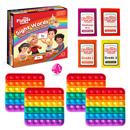 The Fidget Game Sight Words Edition toy set with four popit fidget squares and grade cards on Tampa Home & Garden Store