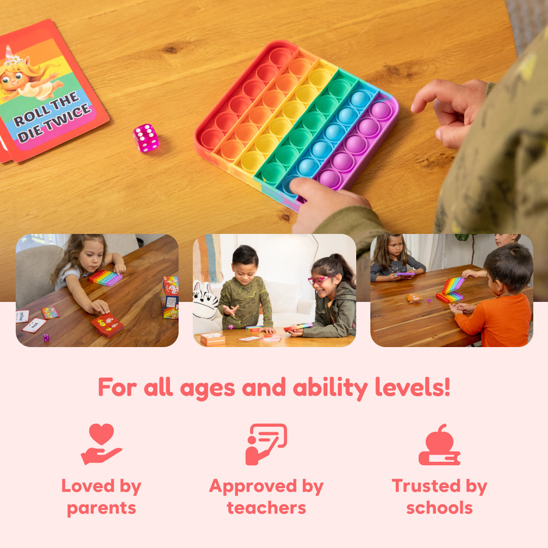 Kindergarten Bundle by The Fidget Games; rainbow pop-it fidget with bubbles and learning cards on Tampa Home & Garden Store