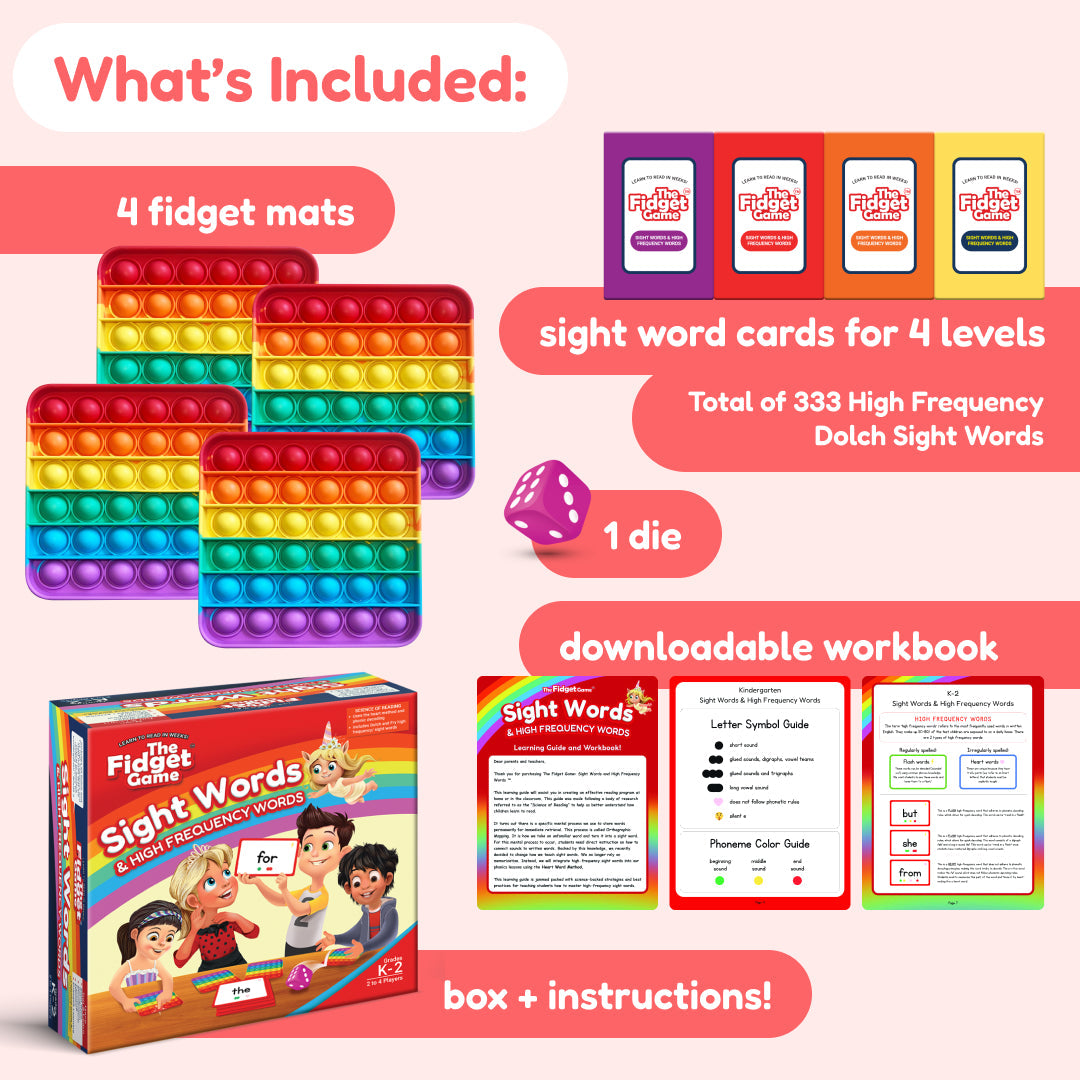 Fidget Game Sight Words Edition set with 4 rainbow mats, 1 die, sight word cards on Tampa Home & Garden Store