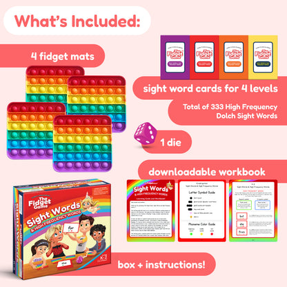 Fidget Game Sight Words Edition set with 4 rainbow mats, 1 die, sight word cards on Tampa Home & Garden Store