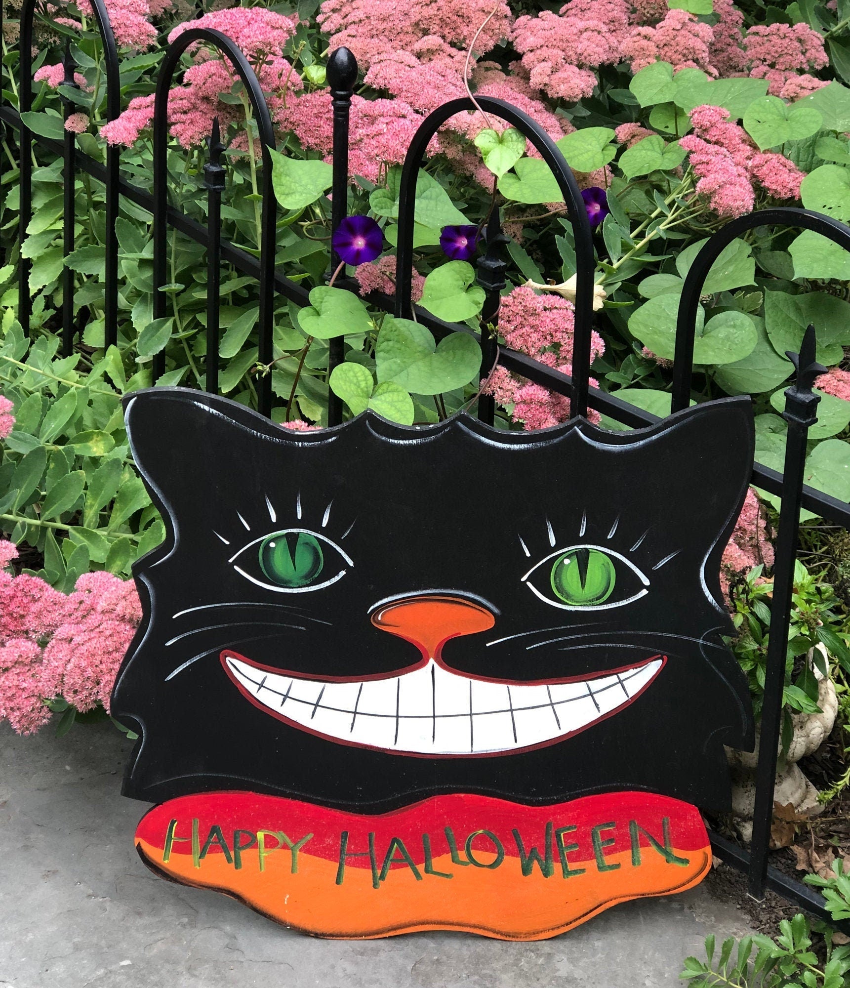 Sign on Wooden Black Cat Cutout Reading Happy Halloween. - Tampa Home & Garden Store