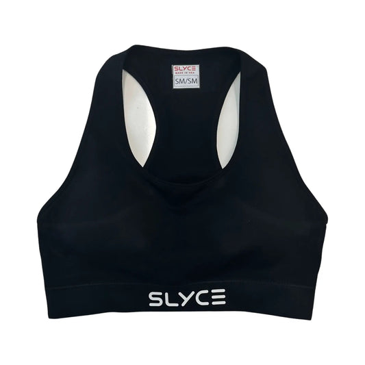 SLYCE Signature Performance Sports Bra black with white interior and front logo on Tampa Home & Garden Store