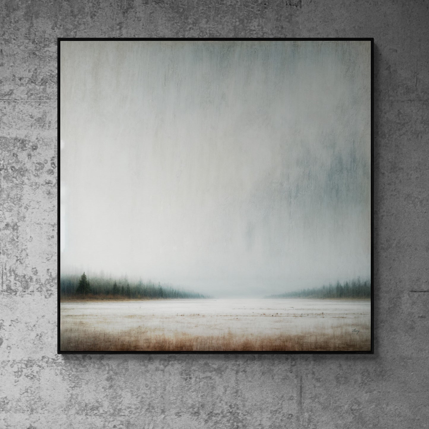 Canvas Print Silent Expanse, black frame, misty blue-gray forest landscape with snow on Tampa Home & Garden Store