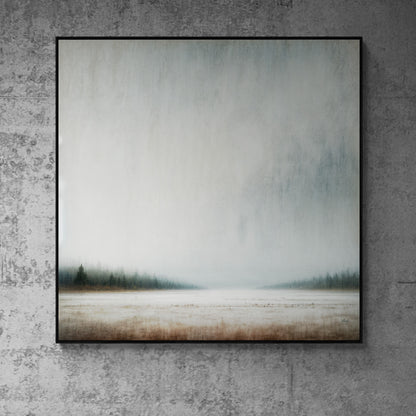 Canvas Print Silent Expanse, black frame, misty blue-gray forest landscape with snow on Tampa Home & Garden Store