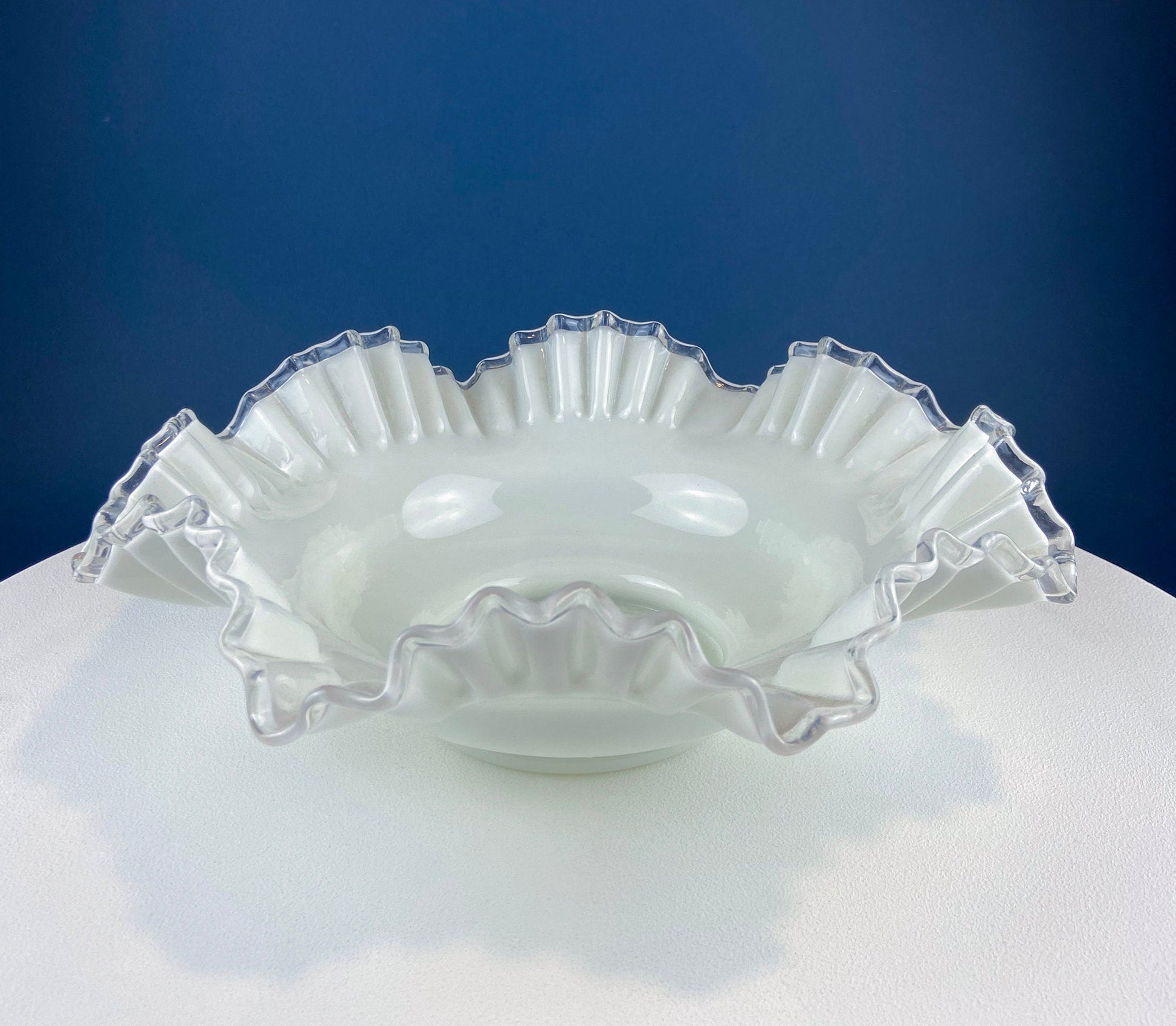Silvercrest Bowl with Ruffled Edge. White Glass Fruit Bowl or Serving Dish with Clear Brim. Table Centerpiece. Serviceware. Wedding Gift. - Tampa Home & Garden Store
