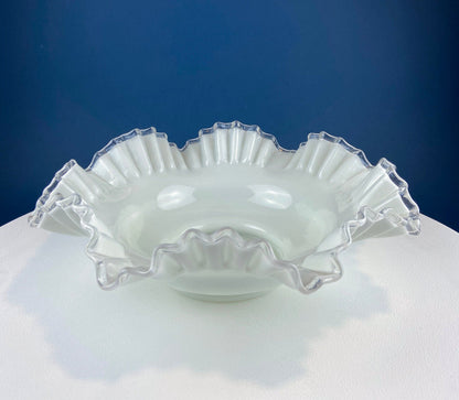 Silvercrest Bowl with Ruffled Edge. White Glass Fruit Bowl or Serving Dish with Clear Brim. Table Centerpiece. Serviceware. Wedding Gift. - Tampa Home & Garden Store