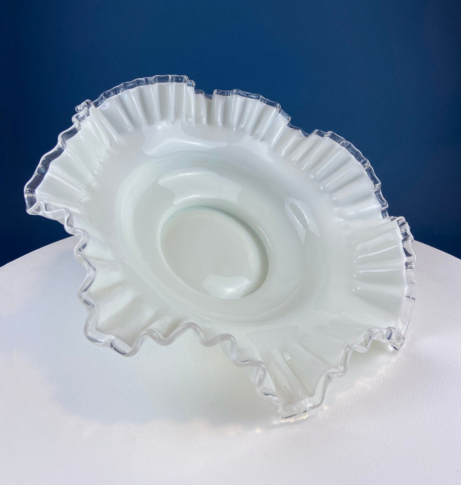 Silvercrest Bowl with Ruffled Edge. White Glass Fruit Bowl or Serving Dish with Clear Brim. Table Centerpiece. Serviceware. Wedding Gift. - Tampa Home & Garden Store