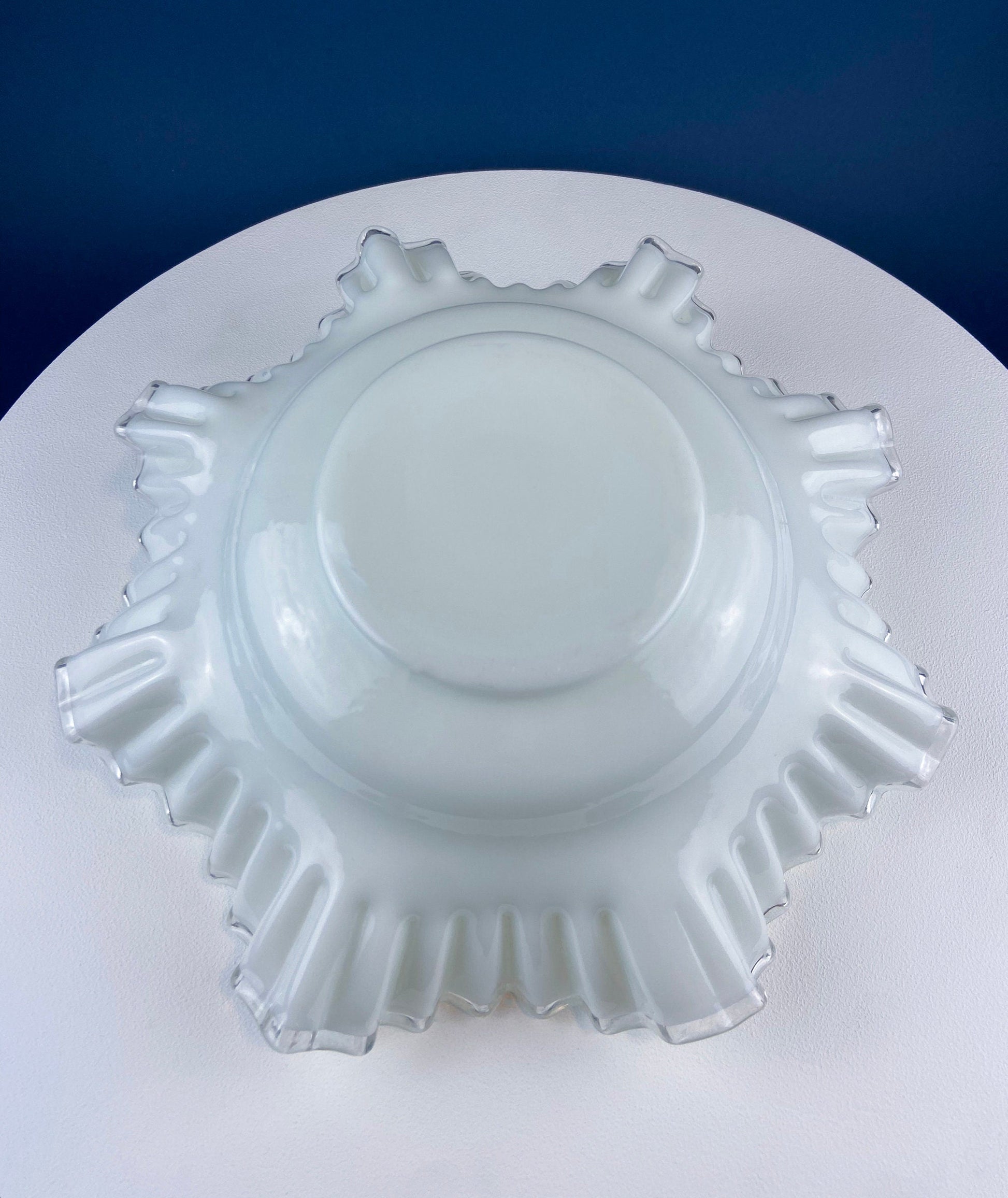 Silvercrest Bowl with Ruffled Edge. White Glass Fruit Bowl or Serving Dish with Clear Brim. Table Centerpiece. Serviceware. Wedding Gift. - Tampa Home & Garden Store