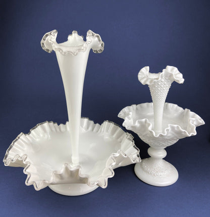 Silvercrest Bowl with Ruffled Edge. White Glass Fruit Bowl or Serving Dish with Clear Brim. Table Centerpiece. Serviceware. Wedding Gift. - Tampa Home & Garden Store