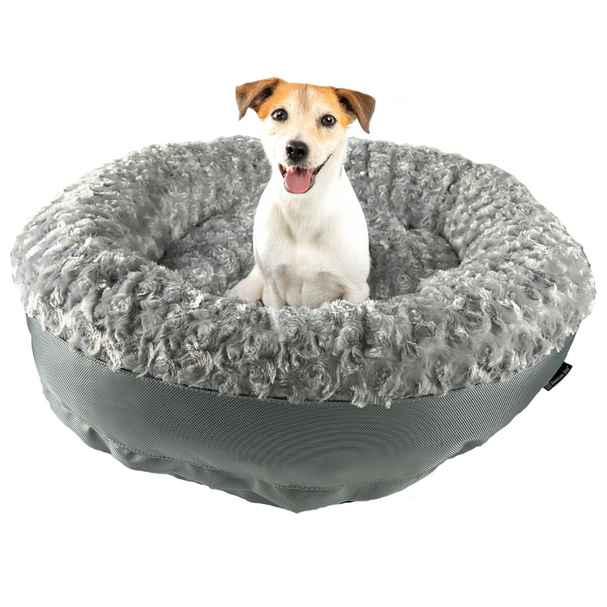 Dog Bed - Round Bolstered Furvana plush grey bed with shaggy fur; dog inside American Dog on Tampa Home & Garden Store