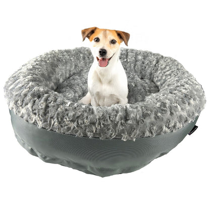Dog Bed - Round Bolstered Furvana plush grey bed with shaggy fur; dog inside American Dog on Tampa Home & Garden Store